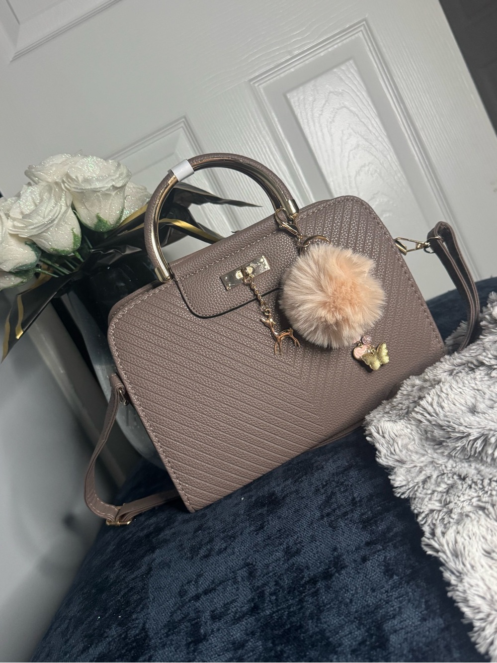 Nina Blush Pink Structured Top-Handle Satchel with Pom-Pom Charm - Picture 4 of 4